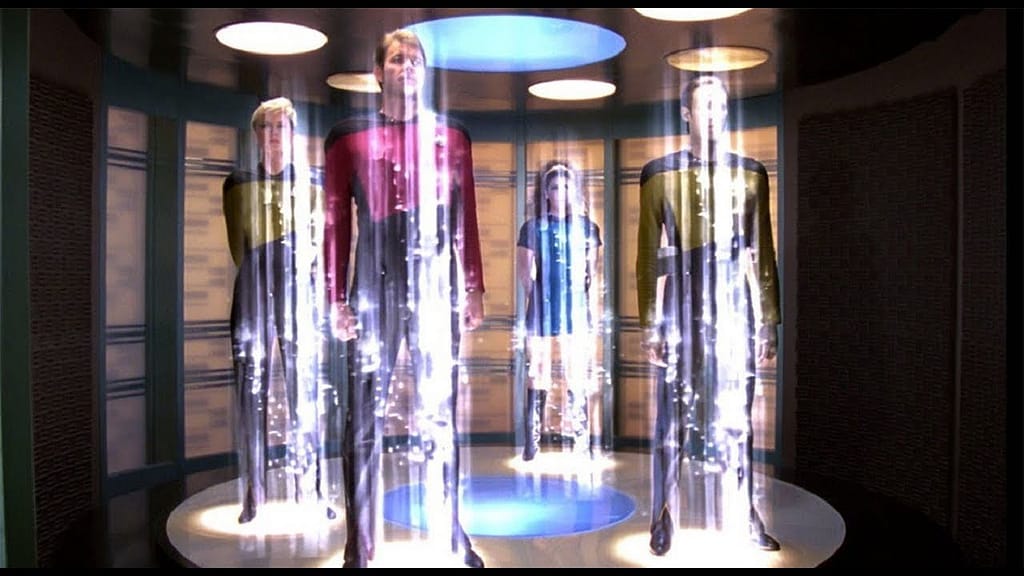 A crew of officers onboard the starship Enterprise are in the middle of teleporting