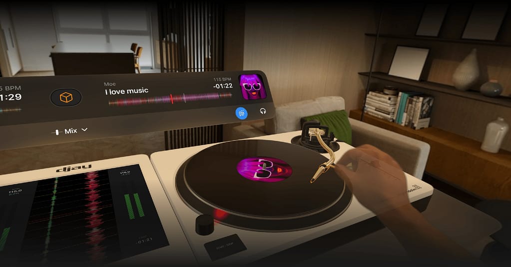Hand holding a virtual turntable arm