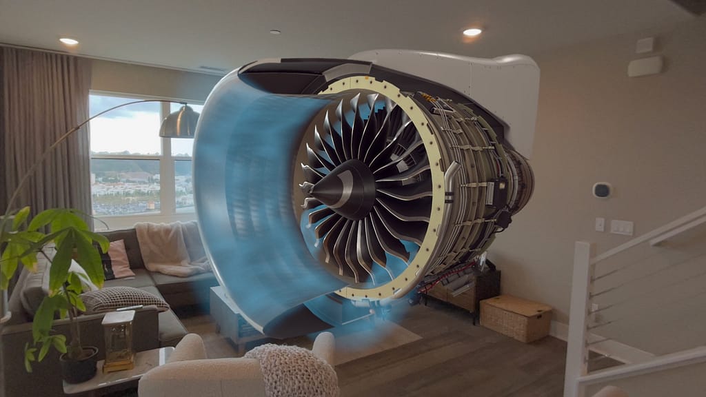 3D model of a jet engine floating in a living room